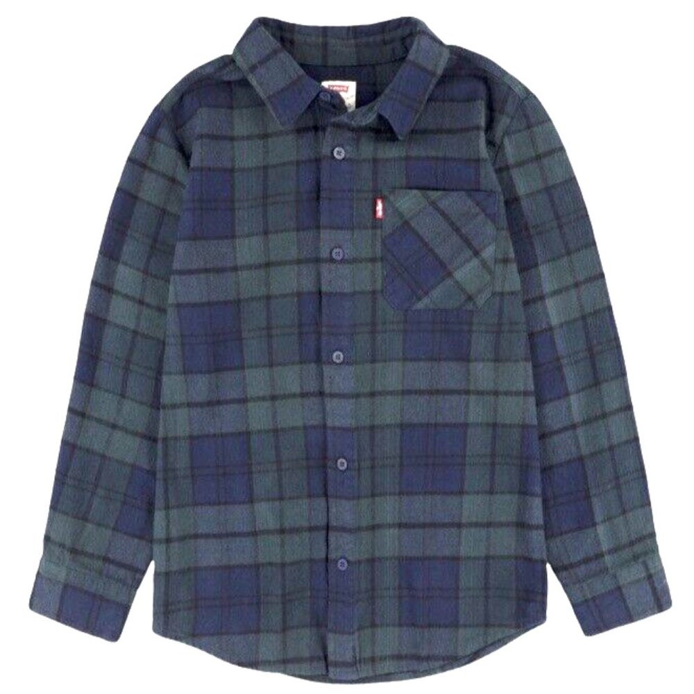 LEVI'S Boys Large 12/13 Years Navy Blue Green LS Cotton Blend Flannel Shirt NWT